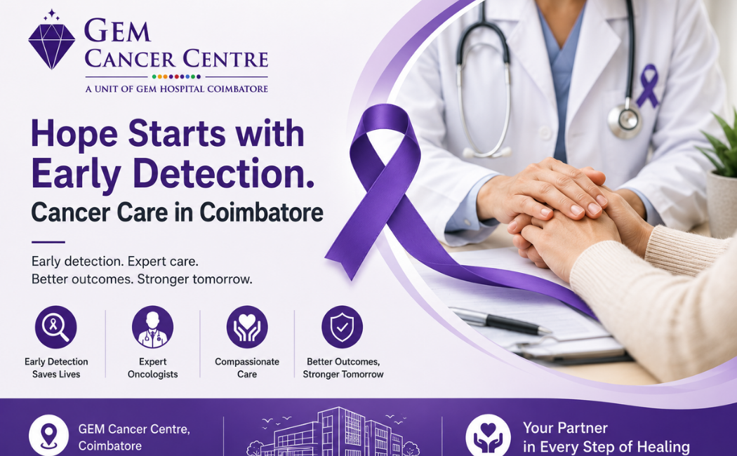 Doctor providing compassionate cancer care consultation at GEM Cancer Centre in Coimbatore with early detection awareness theme.